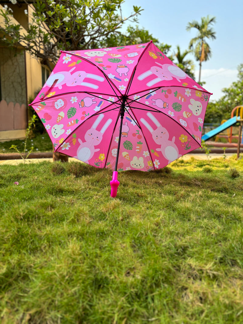 Kids Self Cover Printed Umbrella | Inbuilt Tripod Stand | Dark Pink