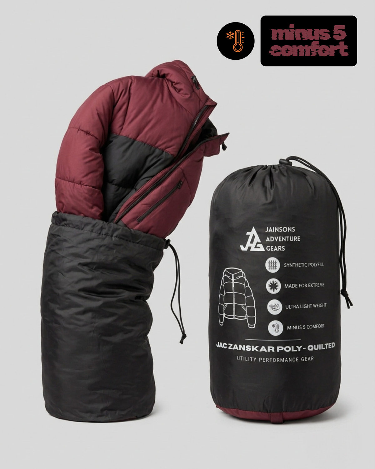 JAG Zanskar Series Ultra Light Minus 5 Quilted Jacket | Polyfill Jacket | Puffer Jacket | Minus 5 Comfort | Burgundy