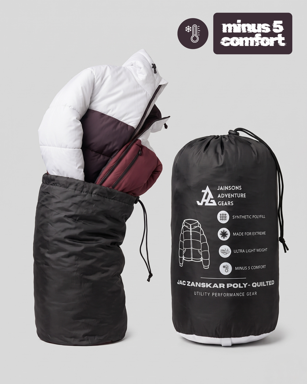 JAG Zanskar Series Ultra Light Minus 5 Quilted Jacket | Polyfill Jacket | Puffer Jacket | Minus 5 Comfort | Burgundy