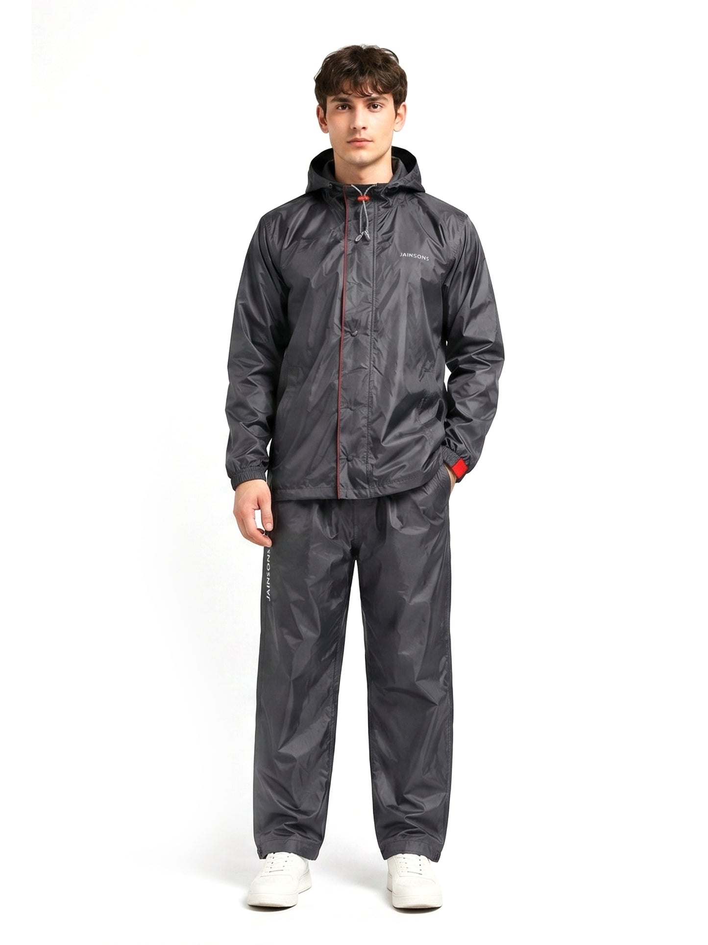 Jainsons Premium Men's Raincoat Set | Black & Red | Lightweight Waterproof Rain Suit with Hood & Carry Pouch