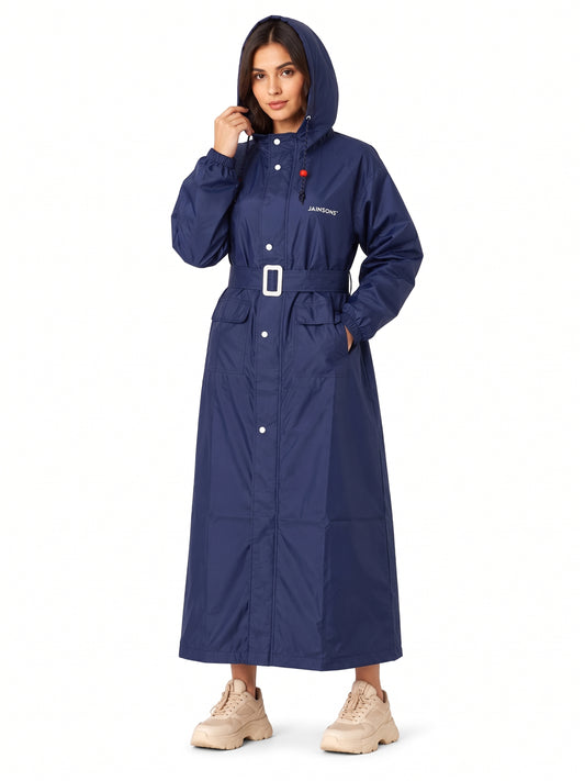 Jainsons Premium Women's Long Raincoat | Navy Blue | Waterproof Hooded Rainwear with Belt & Carry Pouch