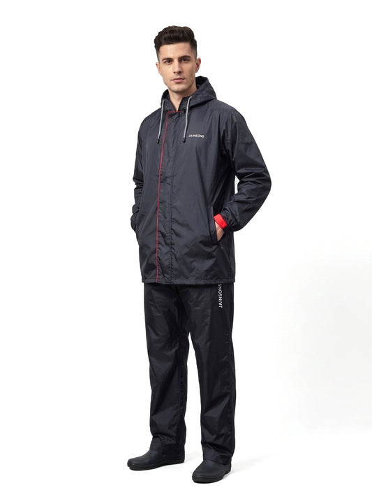 Jainsons Premium Men's Raincoat Set | Black & Red | Waterproof Hooded Rain Suit with Jacket, Pants & Carry Pouch