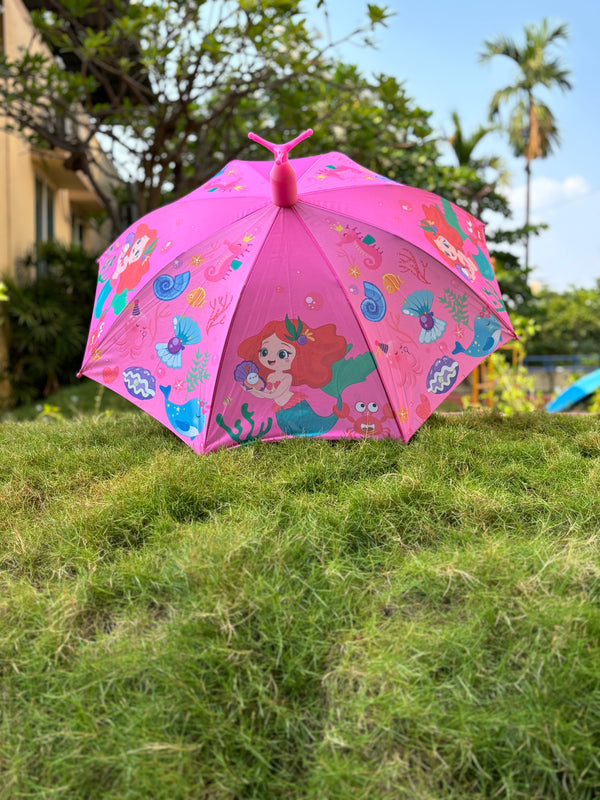 Kids Self Cover Printed Umbrella | Inbuilt Tripod Stand | Light Pink