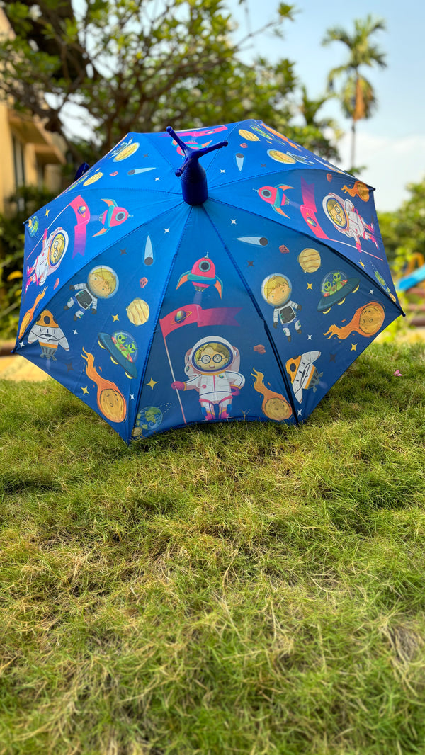 Kids Self Cover Printed Umbrella | Inbuilt Tripod Stand | Dark Blue