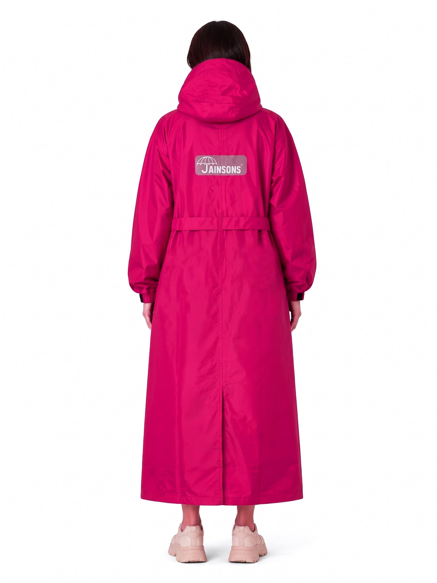 Jainsons Premium Women's Long Raincoat | Pink | Waterproof Hooded Rainwear with Belt & Carry Pouch