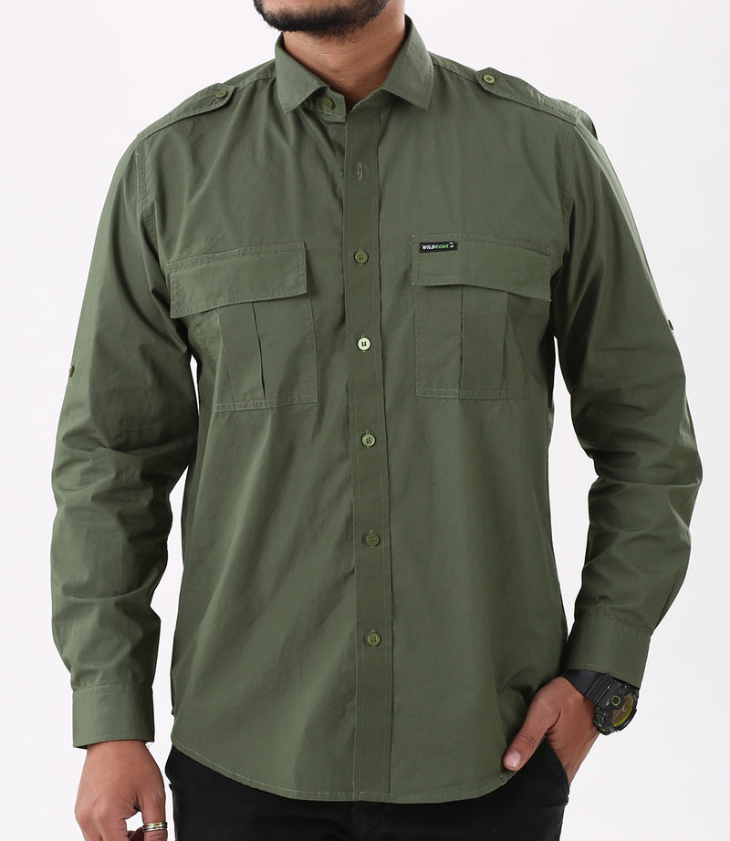JAG Full Sleeves Olive Green Outdoor Shirt | 100% Breathable Fabric | Olive Green