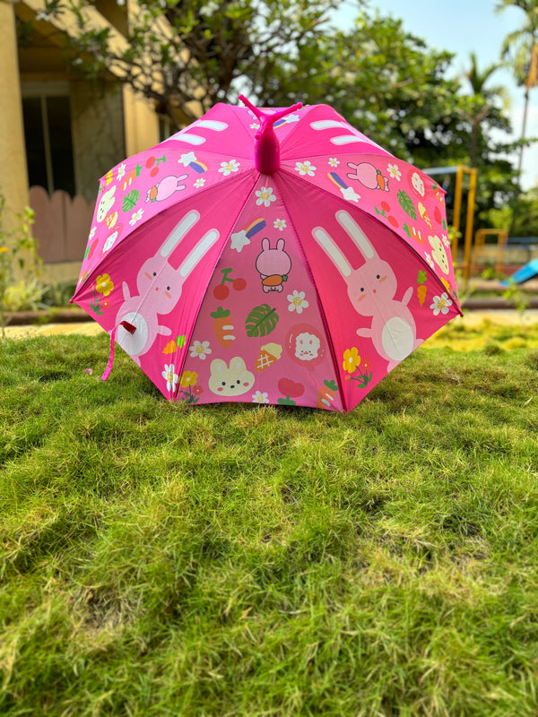 Kids Self Cover Printed Umbrella | Inbuilt Tripod Stand | Dark Pink