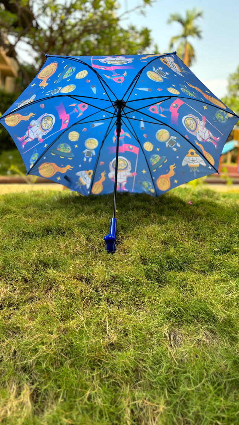 Kids Self Cover Printed Umbrella | Inbuilt Tripod Stand | Dark Blue