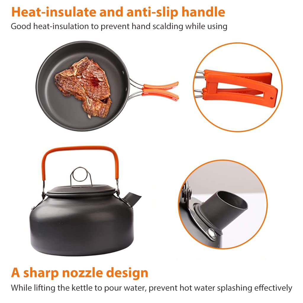 9Pcs Camping Cooking Set with Cookware Bowl Pot Pan and Kettle, Aluminium Camping Cooking Utensils with Portable Bag for Outdoor Camping, Lightweight Camping Accessories for 5-6 People (SY - 500)