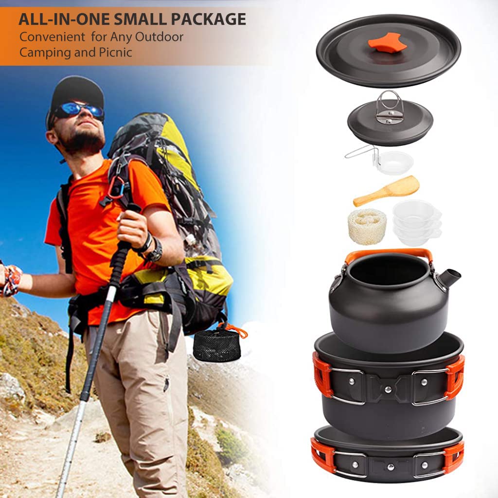 9Pcs Camping Cooking Set with Cookware Bowl Pot Pan and Kettle, Aluminium Camping Cooking Utensils with Portable Bag for Outdoor Camping, Lightweight Camping Accessories for 5-6 People (SY - 500)