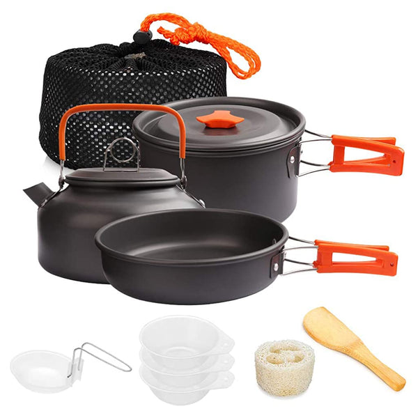 9Pcs Camping Cooking Set with Cookware Bowl Pot Pan and Kettle, Aluminium Camping Cooking Utensils with Portable Bag for Outdoor Camping, Lightweight Camping Accessories for 2-3 People
