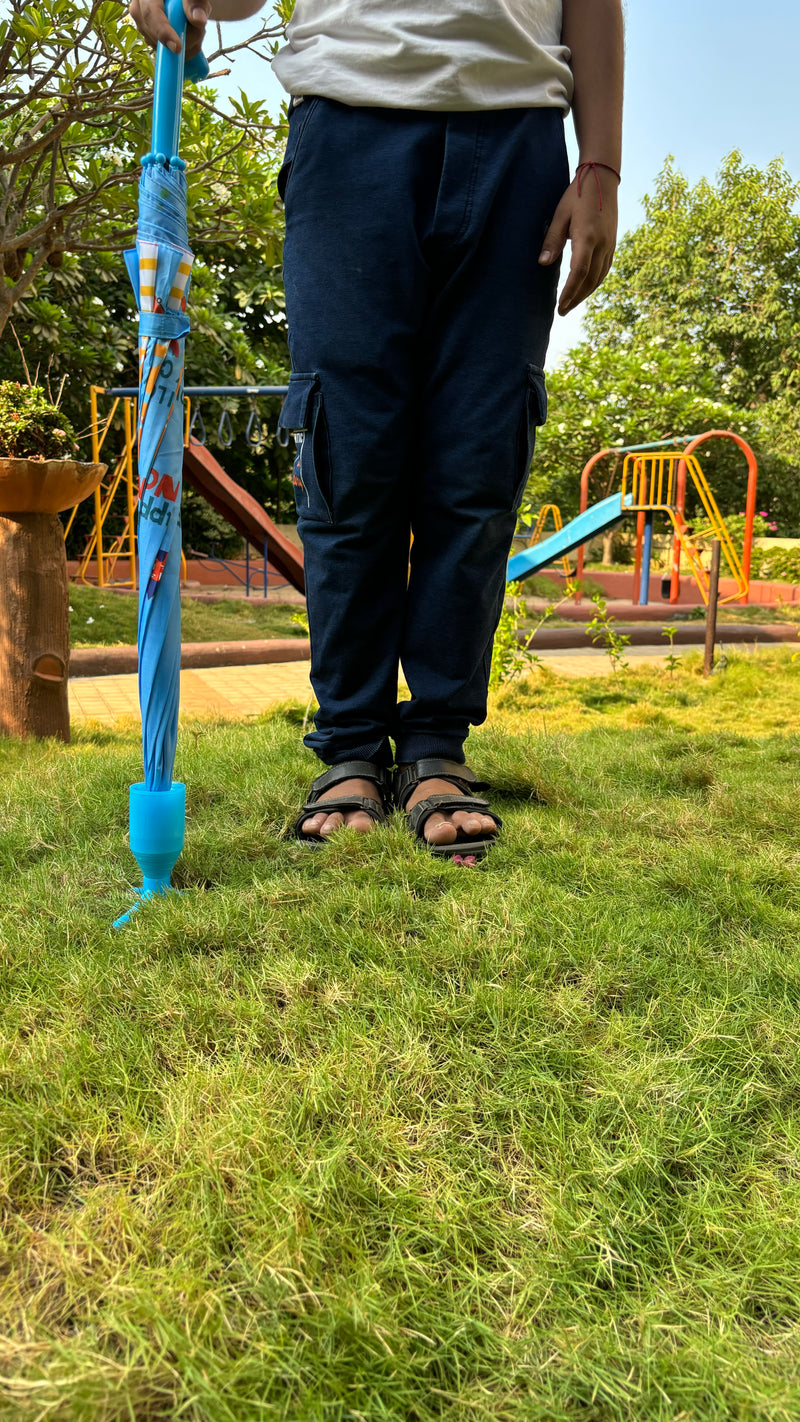 Kids Self Cover Printed Umbrella | Inbuilt Tripod Stand | Light Blue