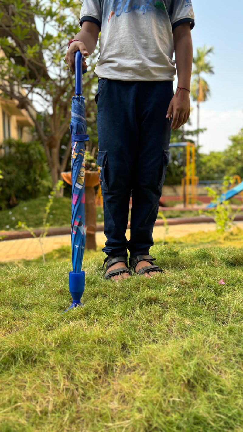 Kids Self Cover Printed Umbrella | Inbuilt Tripod Stand | Dark Blue