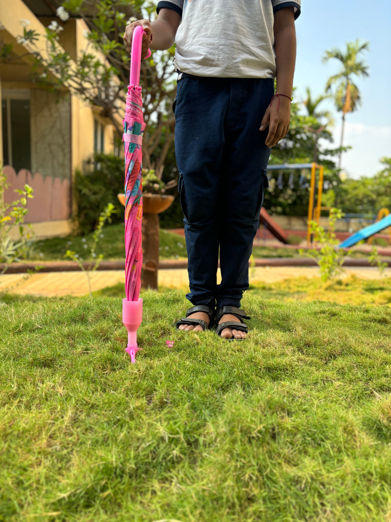 Kids Self Cover Printed Umbrella | Inbuilt Tripod Stand | Dark Pink