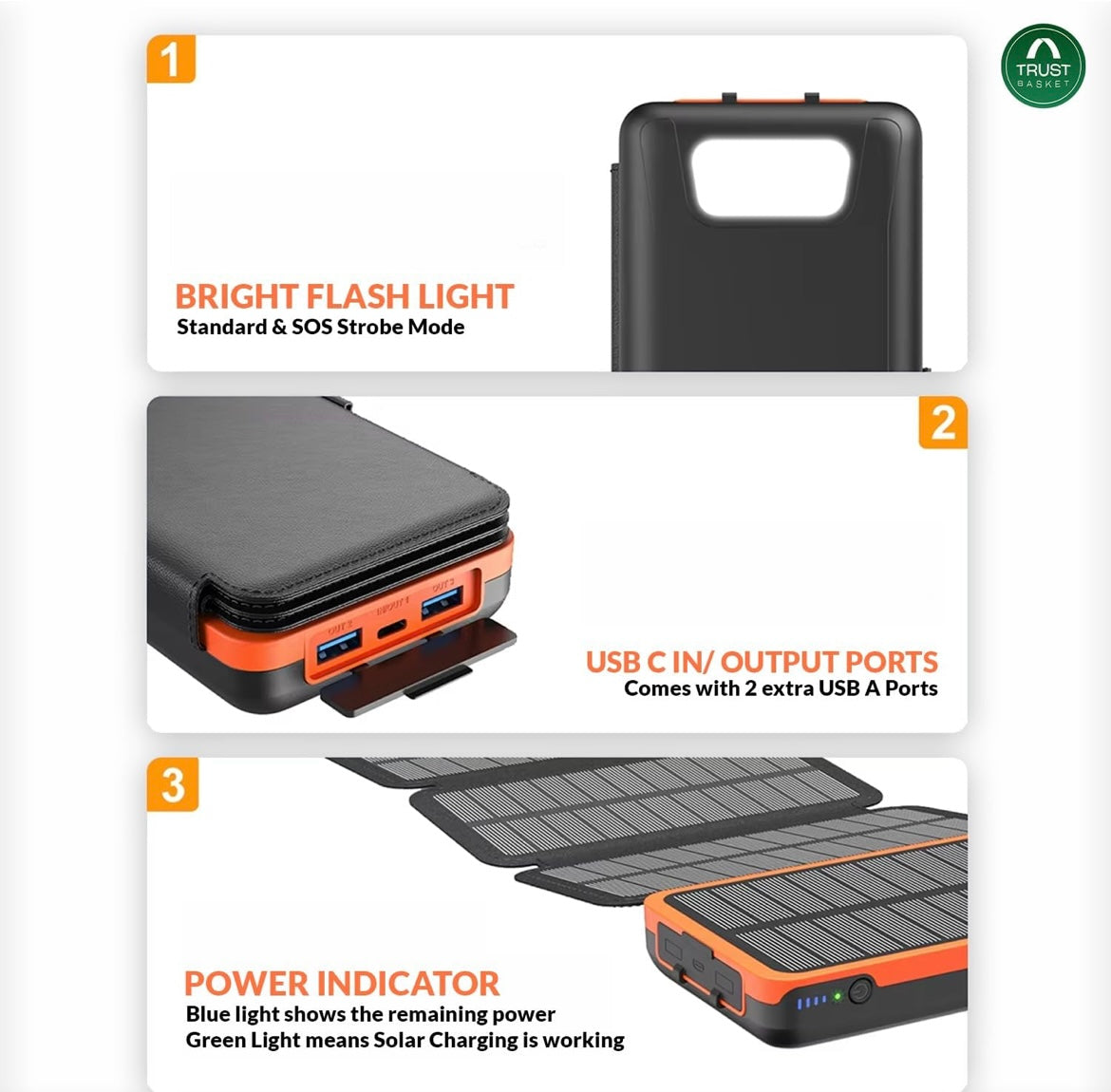 JAG 20000mAh Solar Power Bank, 4 Solar Panels, 2 USB & 1 Type C Output for 3 Device Charging, 3 Mode LED Flashlight,Rugged and Compact | Solar Charger Power Bank | Portable Solar Charger