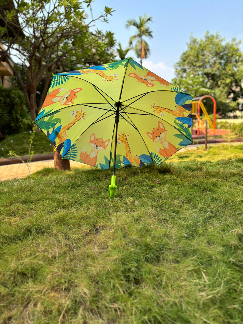 Kids Self Cover Printed Umbrella | Inbuilt Tripod Stand | Green