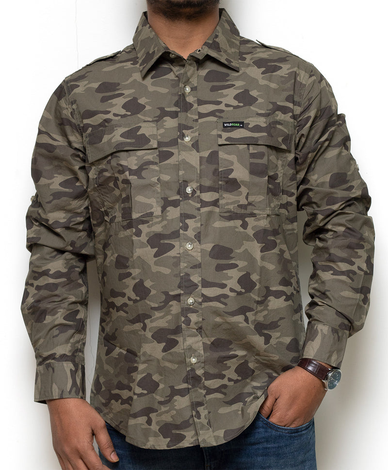 JAG Full Sleeves Olive Green Outdoor Shirt | 100% Breathable Fabric | Camouflage