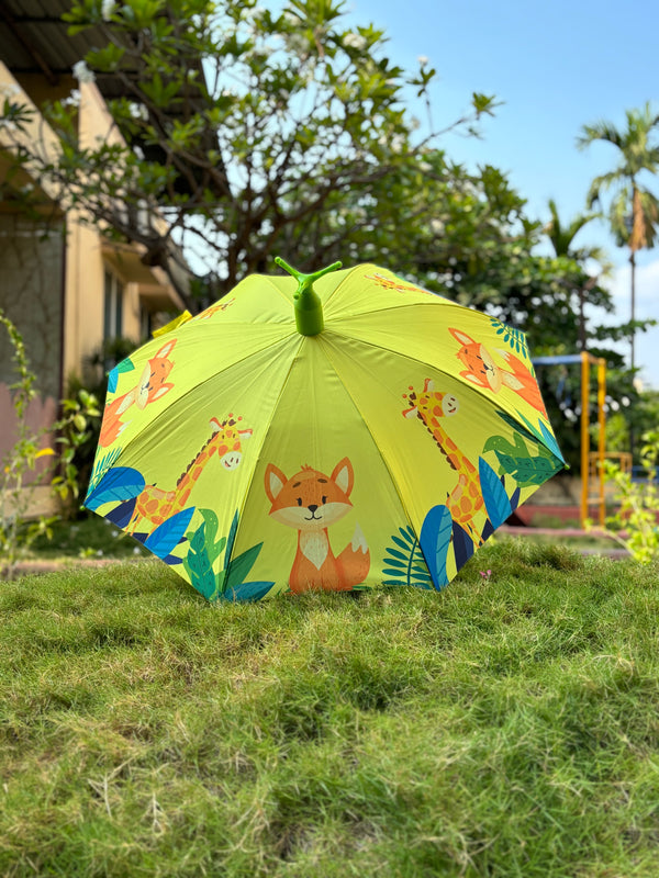 Kids Self Cover Printed Umbrella | Inbuilt Tripod Stand | Green
