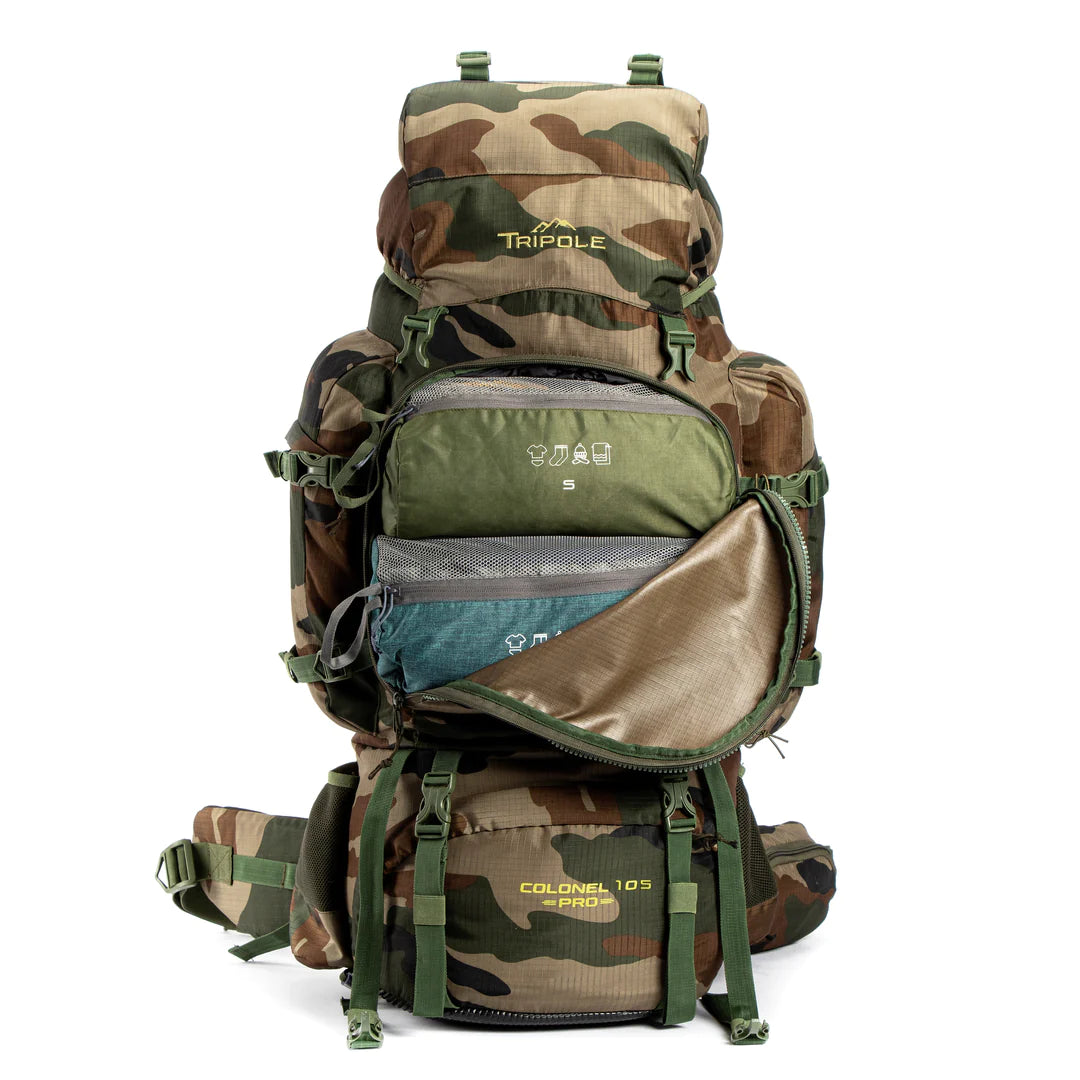 Colonel Pro Metal Frame Rucksack | Front Opening | Detachable Bag | Rain Cover | 105 Litres, Indian Army