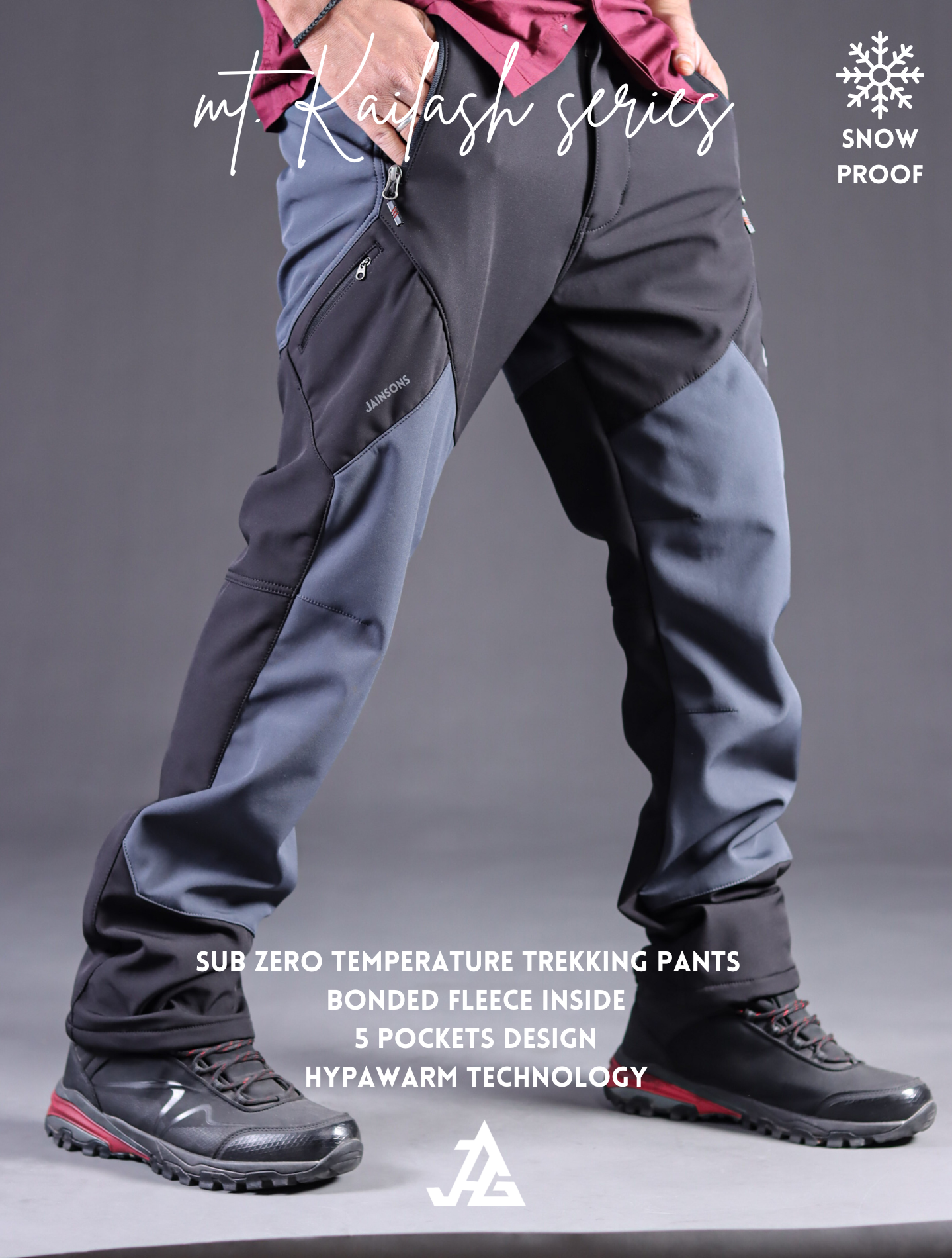 JAG Mt. Kailash Series Trekking & Hiking Pants | Snow Proof | Fleece Inside | Unisex Design | Bonded Fleeced Fabric | Snow Trekking Pants | Triple Layered Fabric | Black Grey