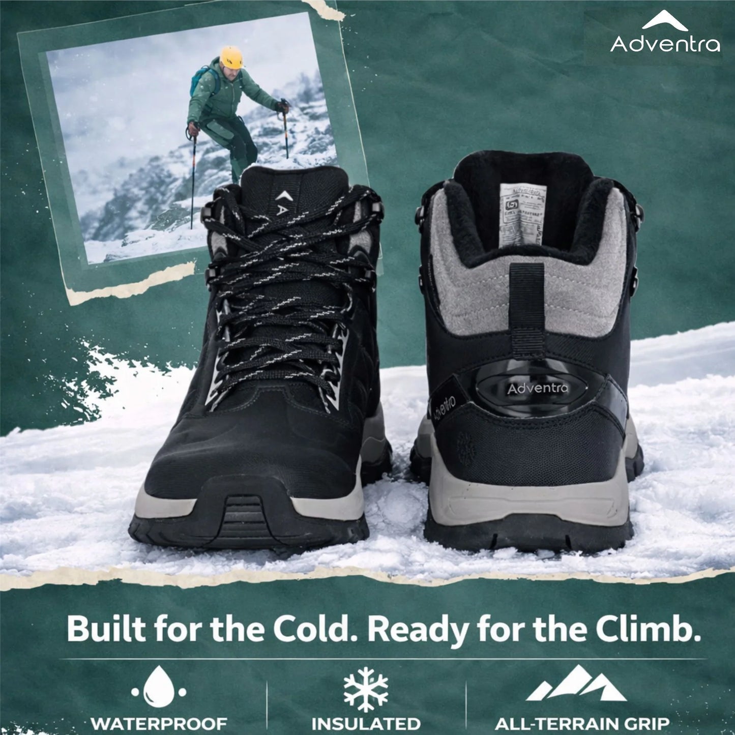 Adventra Men Waterproof Mid-Top Hiking Shoes with 3M Insulation (WH1104) Black