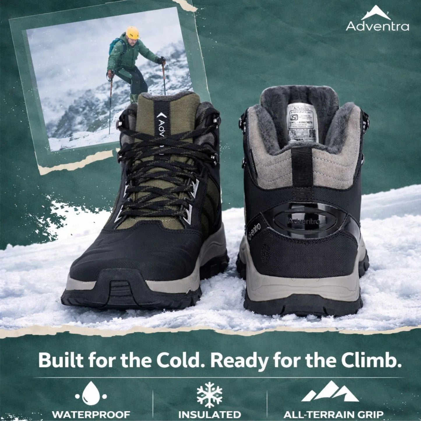 Adventra Men Waterproof Mid-Top Hiking Shoes with 3M Insulation (WH1104) Olive Green
