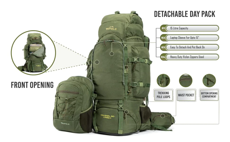 Colonel Pro Metal Frame Rucksack | Front Opening | Detachable Bag | Rain Cover | 105 Litres, Army Green