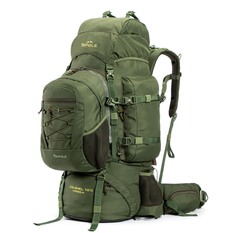 Colonel Pro Metal Frame Rucksack | Front Opening | Detachable Bag | Rain Cover | 105 Litres, Army Green