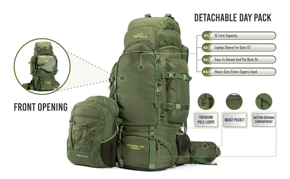 Tripole Colonel Pro Metal Frame Rucksack | Front Opening | Detachable Bag | Rain Cover | 90 Litres
