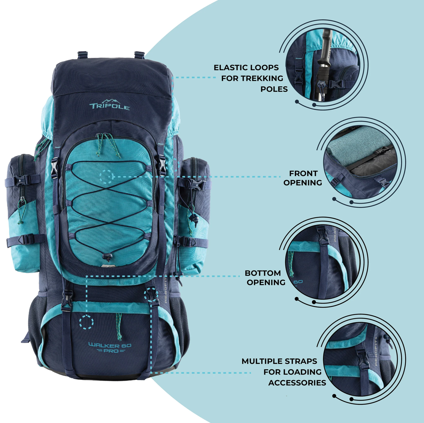 Tripole Walker Pro 60 Litre Rucksack for Trekking and Hiking | Front Opening