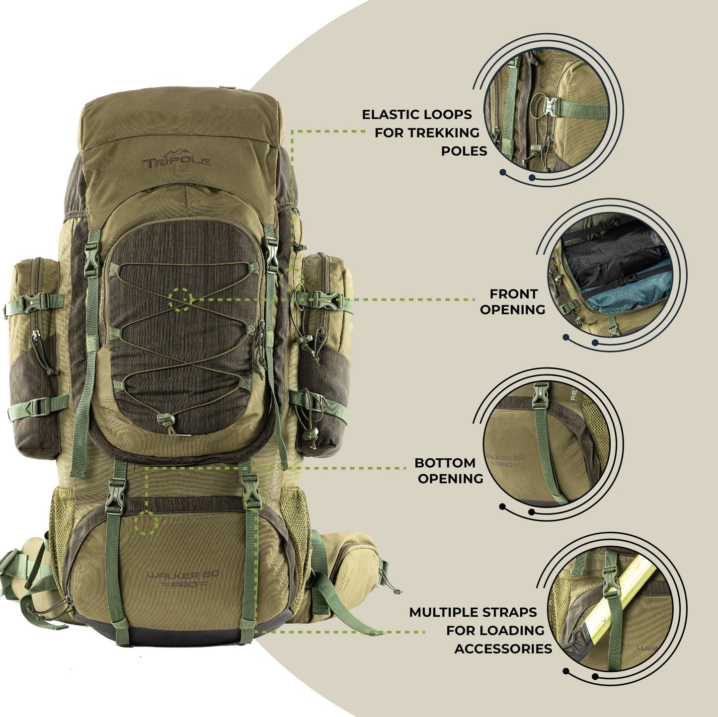 Tripole Walker Pro 80 Litre Rucksack for Trekking and Hiking | Front Opening