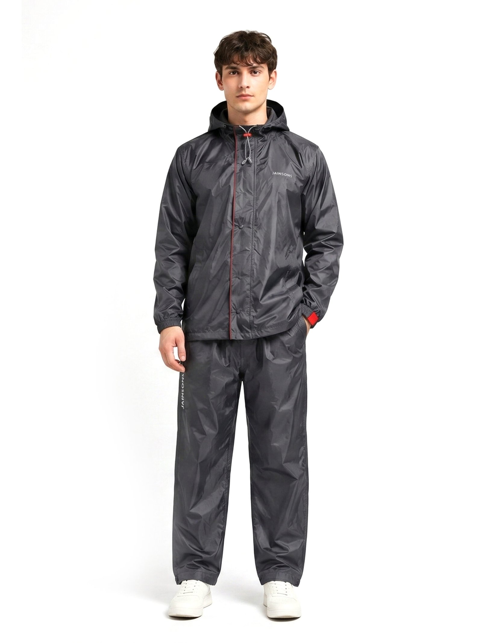 Jainsons Premium Men's Raincoat Set | Black & Red | Lightweight Waterproof Rain Suit with Hood & Carry Pouch