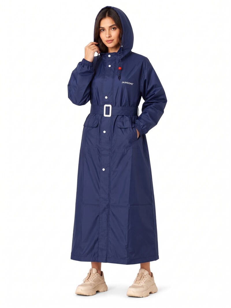 Jainsons Premium Women's Long Raincoat | Navy Blue | Waterproof Hooded Rainwear with Belt & Carry Pouch