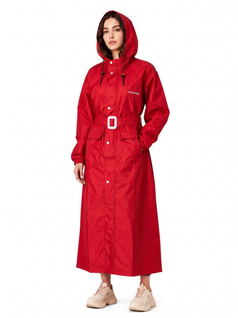 Jainsons Premium Women's Long Raincoat | Red | Waterproof Hooded Rainwear with Belt & Carry Pouch