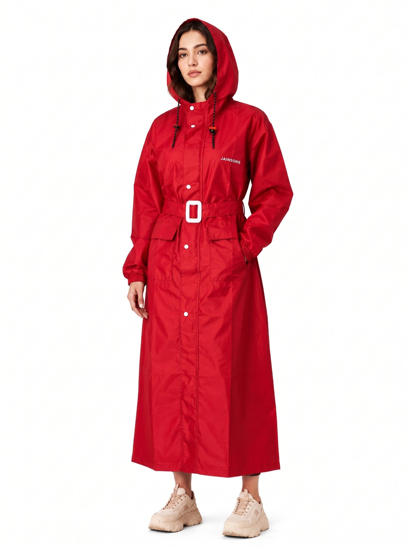 Jainsons Premium Women's Long Raincoat | Red | Waterproof Hooded Rainwear with Belt & Carry Pouch