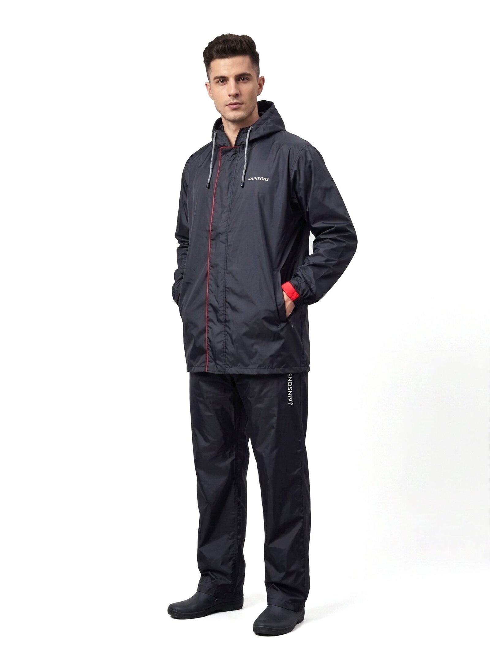 Jainsons Premium Men's Raincoat Set | Black & Red | Waterproof Hooded Rain Suit with Jacket, Pants & Carry Pouch