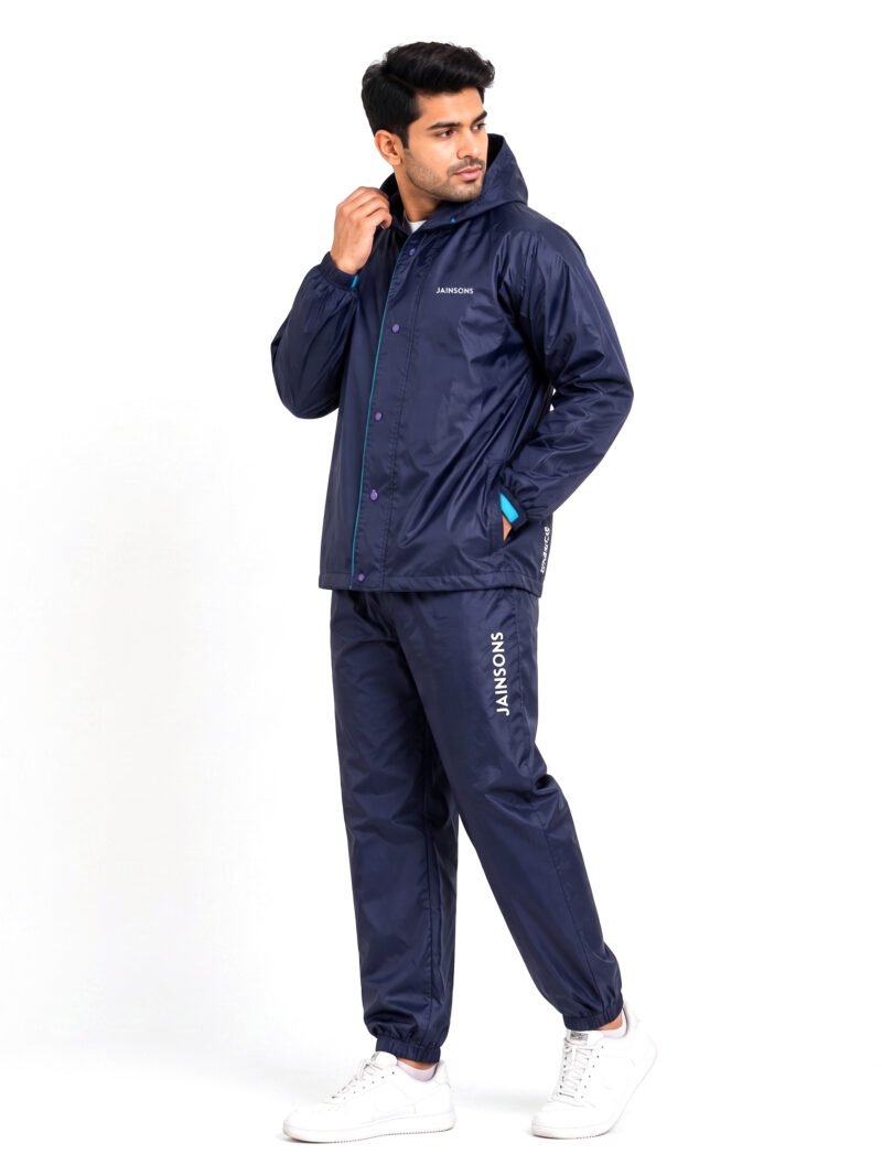 Jainsons Premium Men's Raincoat Set | Navy Blue | Waterproof Hooded Rain Suit with Jacket, Pants & Carry Pouch