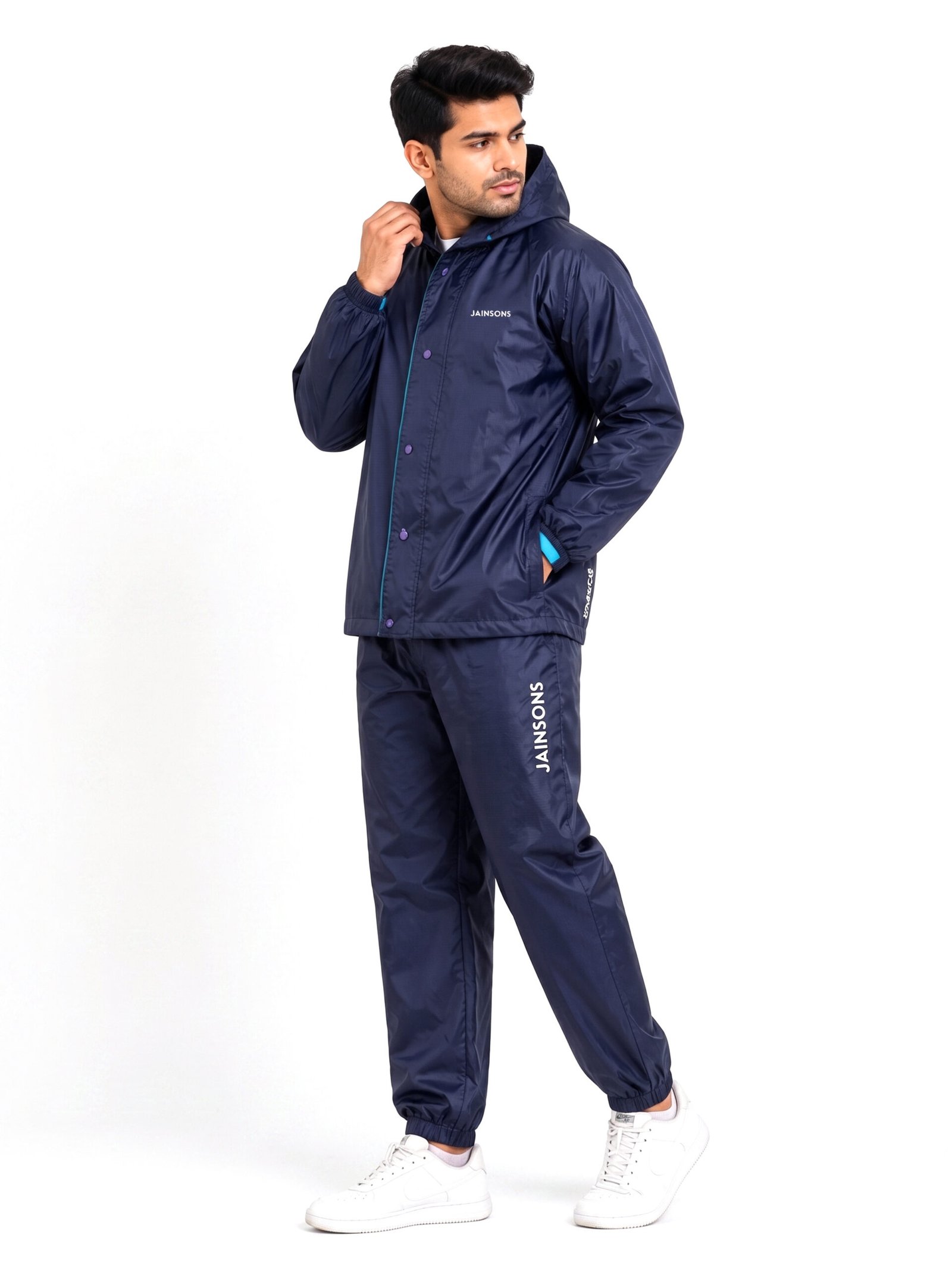 Jainsons Premium Men's Raincoat Set | Navy Blue | Waterproof Hooded Rain Suit with Jacket, Pants & Carry Pouch