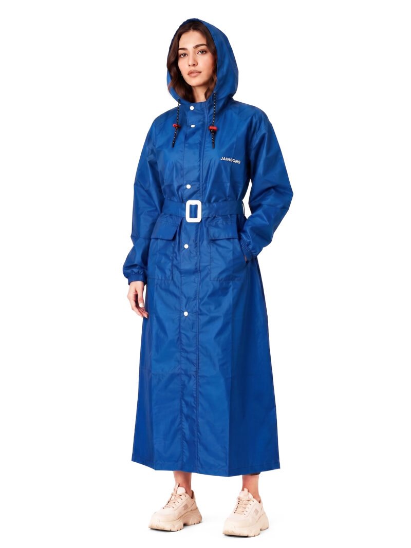 Jainsons Premium Women's Long Raincoat | Blue | Waterproof Hooded Rainwear with Belt & Carry Pouch