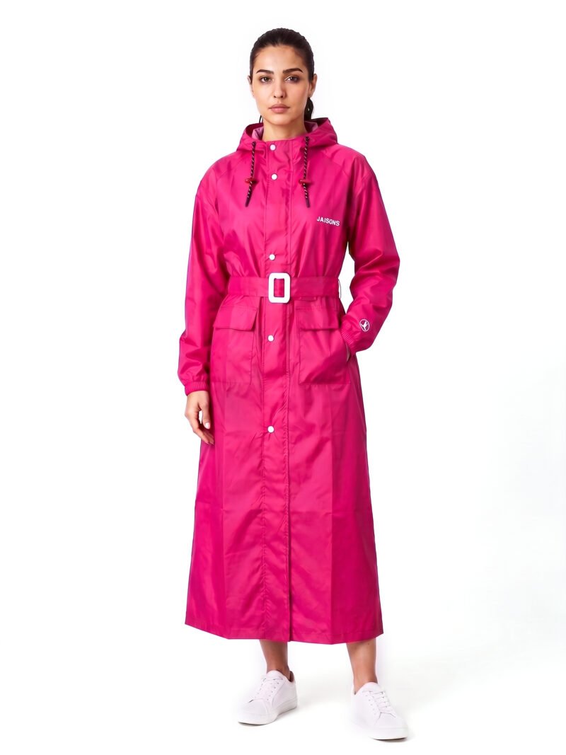 Jainsons Premium Women's Long Raincoat | Pink | Waterproof Hooded Rainwear with Belt & Carry Pouch