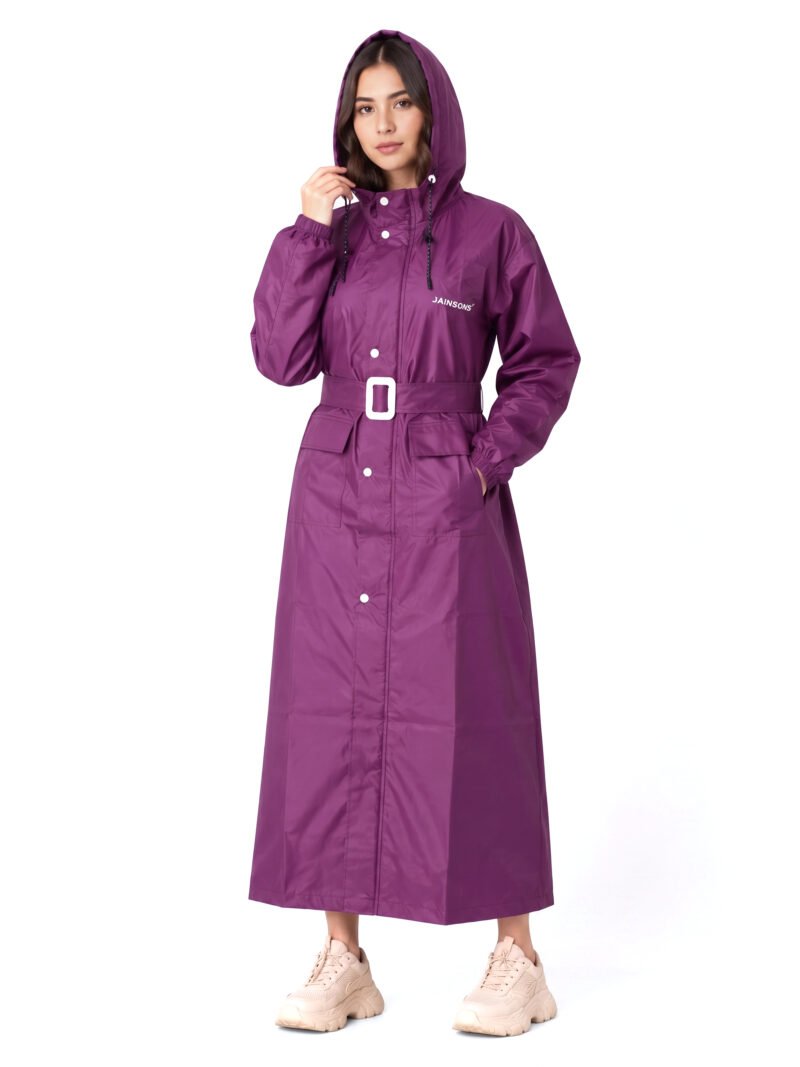 Jainsons Premium Women's Long Raincoat | Purple | Waterproof Hooded Rainwear with Belt & Carry Pouch