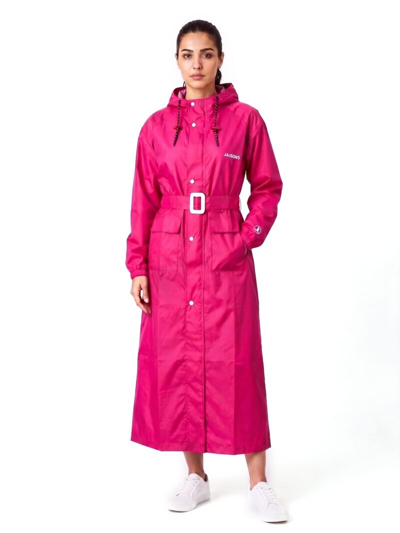 Jainsons Premium Women's Long Raincoat | Pink | Waterproof Hooded Rainwear with Belt & Carry Pouch