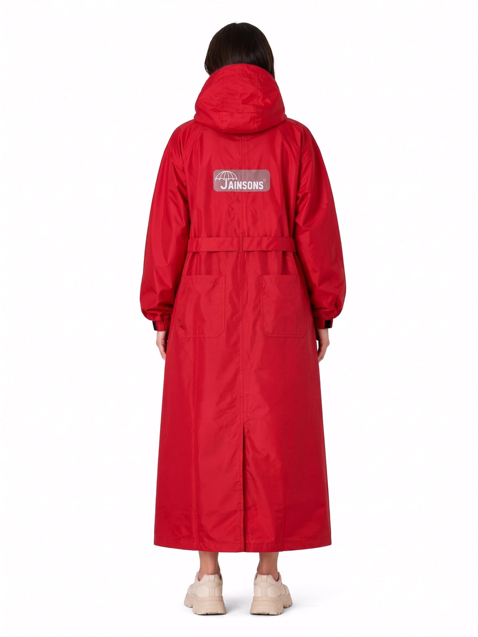 Jainsons Premium Women's Long Raincoat | Red | Waterproof Hooded Rainwear with Belt & Carry Pouch - Image 2