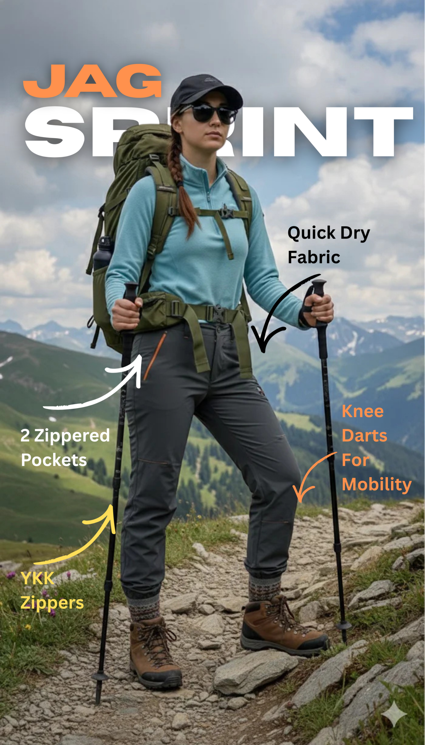 JAG Sprint Hiking & Trekking Pant | Performance Gear | 2 Pockets | Knee Darts | Space Grey - Image 4