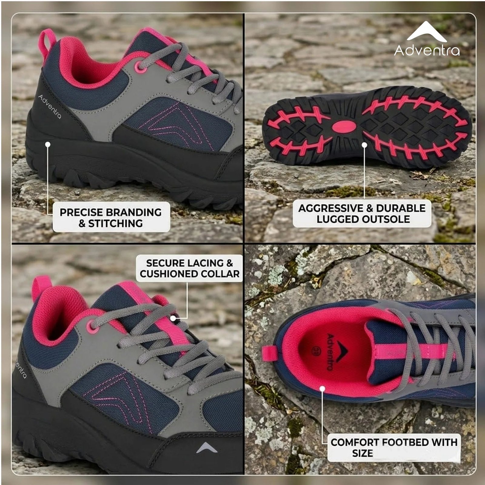 Adventra Women Low-Top Hiking Shoes with Anti-Skid Rubber Sole (EH500) Black-Pink - Image 5